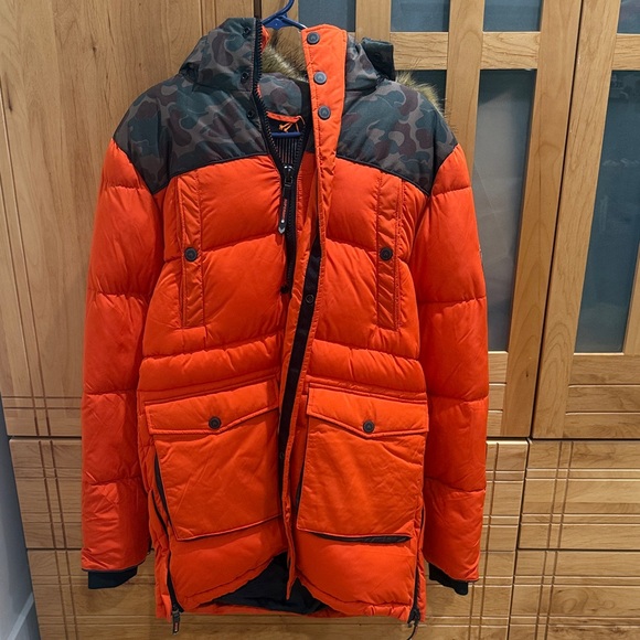 Men's Superdry Orange Camouflage Hooded Puffer Jacket - new